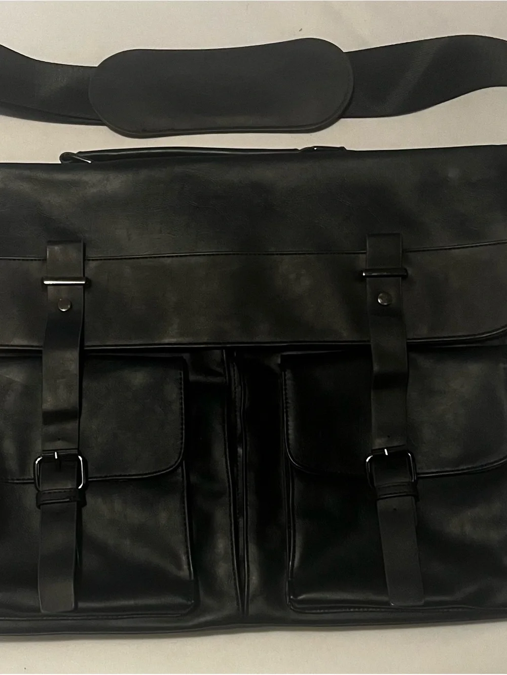 Classic Black Faux Leather Messenger Bag with Front Pockets